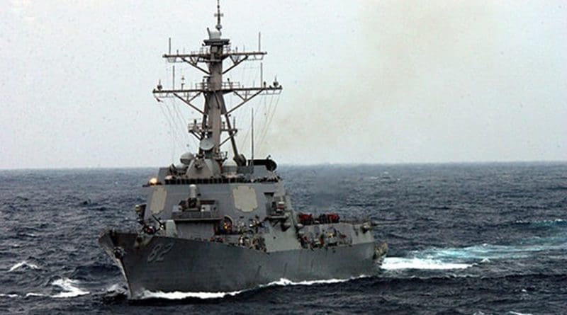 USS Lassen underway in the rough seas of the East China Sea, in 2003. U.S. Navy photo by Photographer's Mate2nd Class Inez Lawson, Wikipedia Commons.
