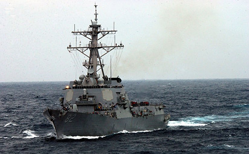 USS Lassen underway in the rough seas of the East China Sea, in 2003. U.S. Navy photo by Photographer's Mate2nd Class Inez Lawson, Wikipedia Commons.