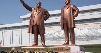 North Koreans bowing to the statues of Kim Il-sung (left) and Kim Jong-il. Photo by J.A. de Roo, Wikipedia Commons.