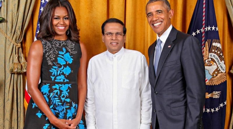 Sri Lanka's President Maithripala Sirisena with US President Barack Obama and wife Michelle Obama. Photo via Sri Lanka government.