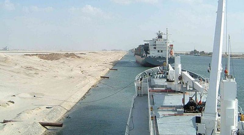 Ships moored at El Ballah during transit of Suez Canal. Source: Wikipedia Commons.
