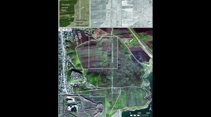 The major Roman/late Roman city of Apamea in western Syria was severely looted during 2012-2013, contemporary with the military occupation of the site by Syrian regime forces. Satellite imagery reproduced courtesy of Digital Globe. Images prepared by Jesse Casana and are included in his paper in Near Eastern Archaeology, September 2015. Credit Imagery copyrighted to Digital Globe 2015.