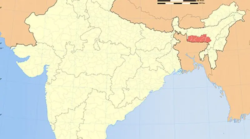 Location of Meghalaya in (marked in red) India. Source: Wikipedia Commons.