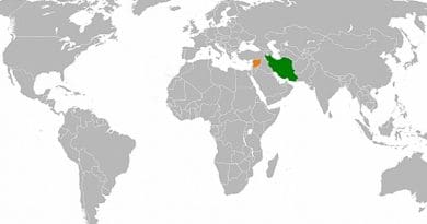 Locations of Syria (orange) and Iran (green). Source: Wikipedia Commons.