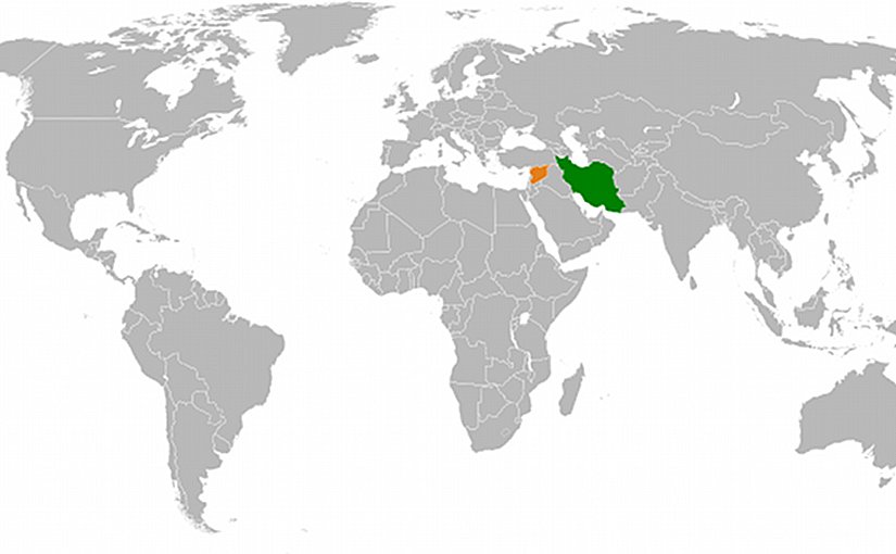 Locations of Syria (orange) and Iran (green). Source: Wikipedia Commons.