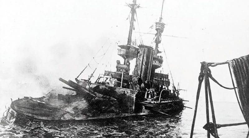 British battleship HMS Irresistible abandoned and sinking, having been shattered by explosion of floating mine in Dardanelles during attack on Narrows’ Forts, March 18, 1915 (Royal Navy/Library of Congress)