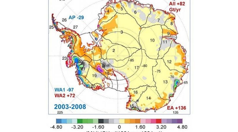 This map shows the rates of mass changes from ICESat 2003-2008 over Antarctica. Sums are for all of Antarctica: East Antarctica (EA, 2-17); interior West Antarctica (WA2, 1, 18, 19, and 23); coastal West Antarctica (WA1, 20-21); and the Antarctic Peninsula (24-27). A gigaton (Gt) corresponds to a billion metric tons, or 1.1 billion U.S. tons. Credit Credits: Jay Zwally/ Journal of Glaciology