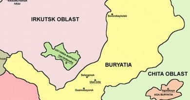 Map of autonomous Buryat territories (until 2008): Republic of Buryatia and autonomous okrugs of Aga Buryatia and Ust-Orda Buryatia. Graphic by PANONIAN, Wikipedia Commons.