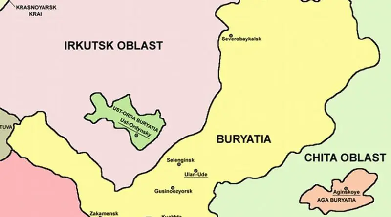 Map of autonomous Buryat territories (until 2008): Republic of Buryatia and autonomous okrugs of Aga Buryatia and Ust-Orda Buryatia. Graphic by PANONIAN, Wikipedia Commons.