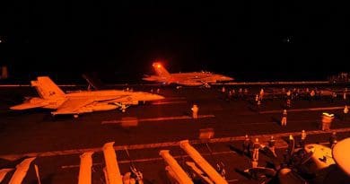 FA-18 Hornets takes off from USS George H.W. Bush to strike ISIL targets in Syria. U.S. Navy photo by Mass Communication Specialist 3rd Class Robert Burck.