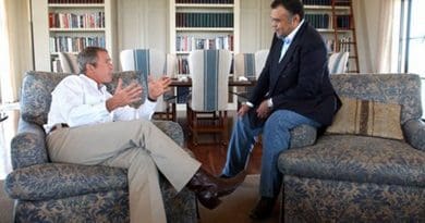 President George W. Bush meets with Saudi Arabian Ambassador Prince Bandar bin Sultan at the Bush Ranch in Crawford, Texas, in 2002. Credit: Wikimedia Commons