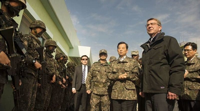 U.S. Defense Secretary Ash Carter and Republic of Korea Minister of Defense Minkoo Han visit the Demilitarized Zone in the Republic of Korea, Nov.1, 2015. Carter is visiting the Asia-Pacific region, where he will meet with leaders from more than a dozen nations to help advance the next phase of the U.S. military’s rebalance in the region by modernizing longtime alliances and building new partnerships. Photo by Air Force Senior Master Sgt. Adrian Cadiz