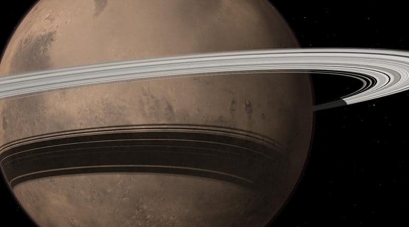 Mars could gain a ring in 10-20 million years when its moon Phobos is torn to shreds by tidal forces due to Mars' gravitational pull. Credit Image by Tushar Mittal using Celestia 2001-2010, Celestia Development Team.