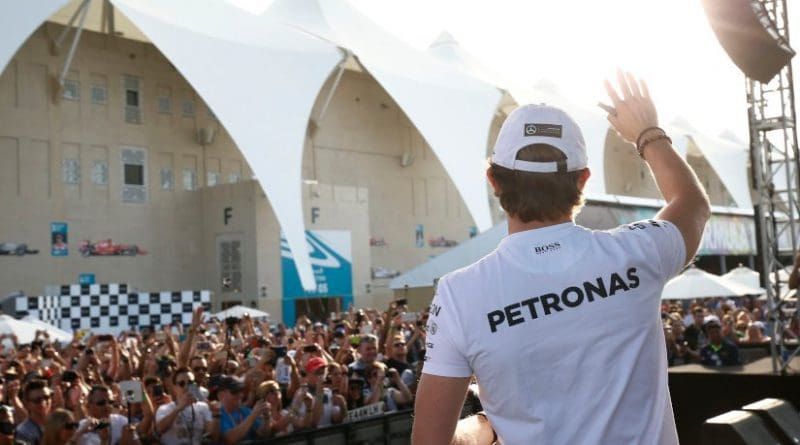 Nico Rosberg, of the MERCEDES AMG PETRONAS team, after winning the Abu Dhabi GP. Photo Credit: Mercedes-Benz.