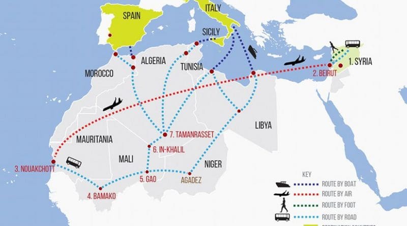 A small but growing number of Syrians are attempting a new and circuitous route to Europe: flying more than 3,000 miles to Mauritania in West Africa and then travelling overland with smugglers on the ancient salt roads from Mali through the Sahara. Source: IRIN.