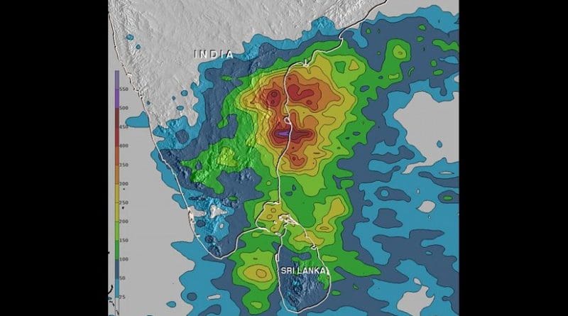 An analysis of rainfall data from Nov. 9 to 16, 2015 showed up to 550 mm (21.7 inches) of rain drenched India's southeastern coast in the state of Tamil Nadu. Over 200 mm (7.9 inches) fell in large areas of southeastern India and northern Sri Lanka. Credit Credits: NASA/JAXA/Hal Pierce