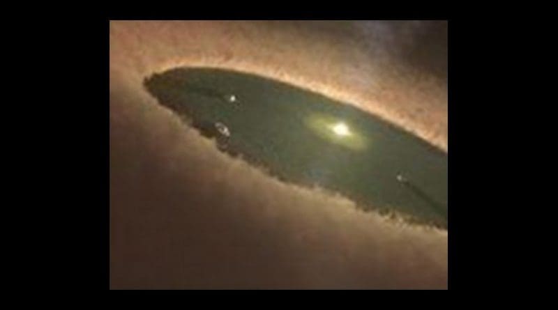This is an artist's conception of planets forming in a transition disk like LkCa 15. The planets within the disk clearing sweep up material that would have otherwise fallen onto the star. Credit Attribution: Credit: NASA/JPL-Caltech