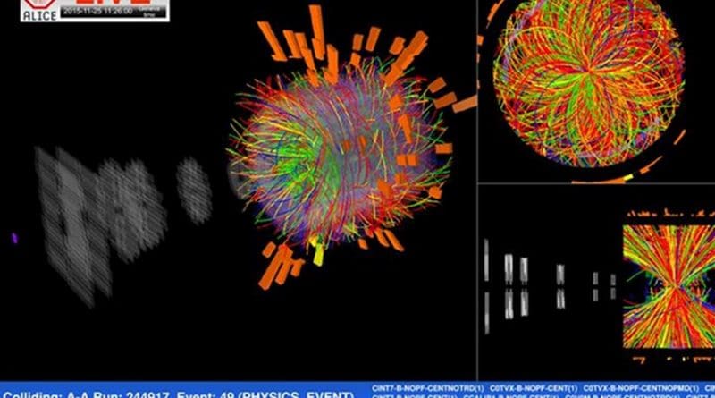 One of the very first collisions recorded between two lead ions at the LHC's top energy. The energy in the center-of-mass system is approximately 1000 TeV. Todays events bring collisions physics into a new energy scale, that of PeV (Peta-electron-volts). The ALICE detector registered tens of thousands of particles. In this live display the tracks of the particles from the collision point and through the detector are shown in colors corresponding to their mass and type. Credit CERN