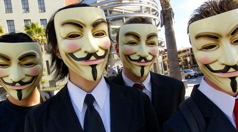 Anonymous with Guy Fawkes masks. Photo by Vincent Diamante, Wikipedia Commons.