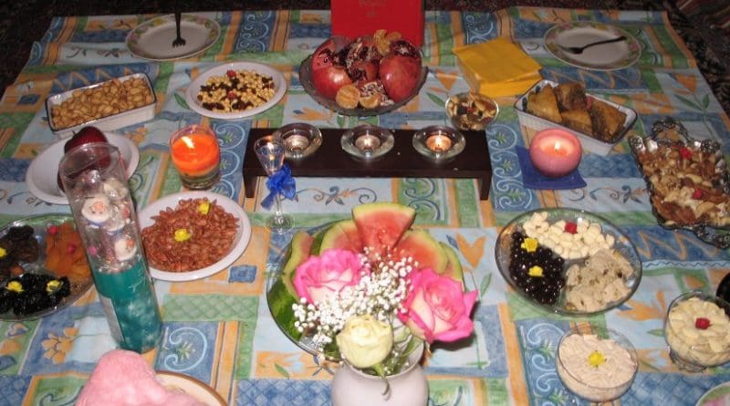 A table cloth with a variety of Yalda favorites taken by Eliza Tasbihi. Source: Wikipedia Commons.