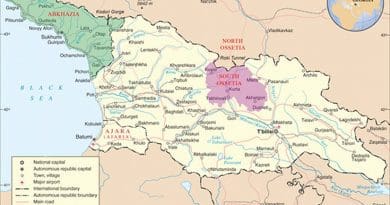 Map of Georgia highlighting Abkhazia (green) and South Ossetia (purple). Source: United Nations Cartographic Section, Wikipedia Commons.