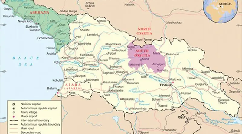 Map of Georgia highlighting Abkhazia (green) and South Ossetia (purple). Source: United Nations Cartographic Section, Wikipedia Commons.