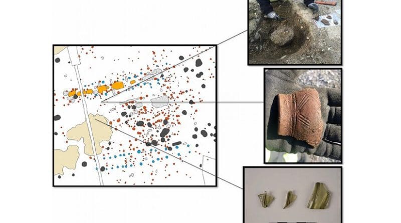 Pot shards, bits of glass and the remains of a cooking area are among the finds uncovered in a Norwegian Iron-Age archaeological site on the central Norwegian coast, at the mouth of Trondheim fjord. Photo illustration: Ingrid Ystgaard, NTNU