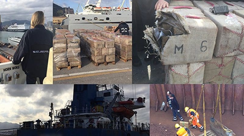 Europol supports Italian Guardia di Finanza and D.C.S.A. in an operation resulting in the seizure of over 13.5 tons of cannabis resin from a Panama-registered merchant vessel. Photo Source: Europol.