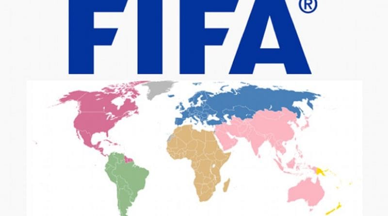 Map of the members of FIFA according to their confederation. Source: Wikipedia Commons.
