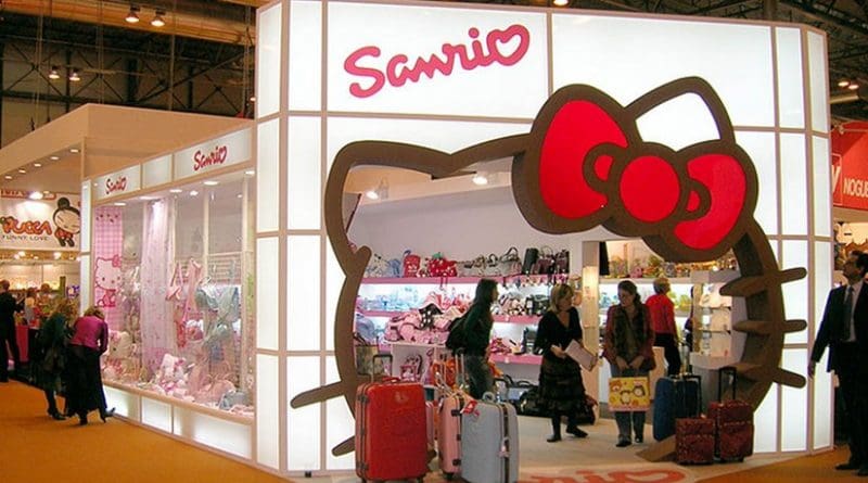 Sanrio stand in Madrid, Spain with the Hello Kitty character outline as the entryway. Photo by Javier Mediavilla Ezquibela, Wikipedia Commons.
