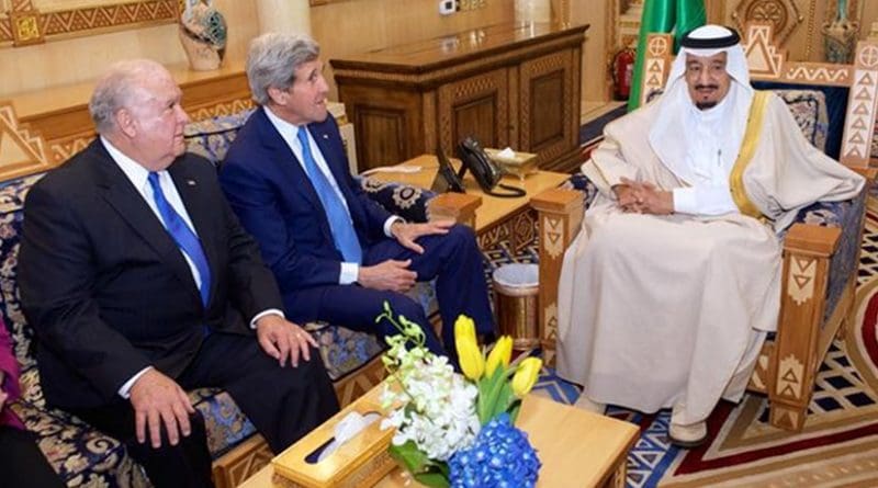 ohn W. Wesphal (left) and US Secretary of State John Kerry sit with King Salman of Saudi Arabia before a bilateral meeting on March 5, 2015. Photo Credit: Wikimedia Commons