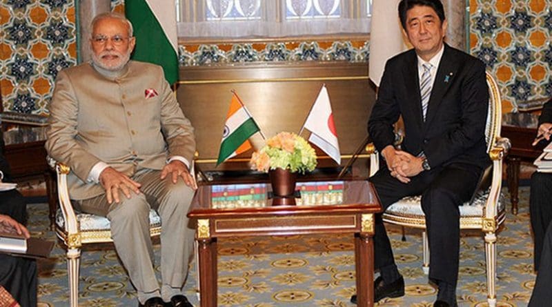 Prime Minister Narendra Modi of India and Prime Minister Shinzo Abe of Japan, during former's bilateral visit to Japan, 2014. Photo Credit: Narendra Modi's official Flickr stream, Wikipedia Commons.