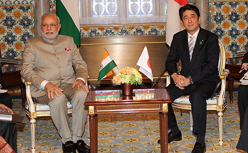 Prime Minister Narendra Modi of India and Prime Minister Shinzo Abe of Japan, during former's bilateral visit to Japan, 2014. Photo Credit: Narendra Modi's official Flickr stream, Wikipedia Commons.