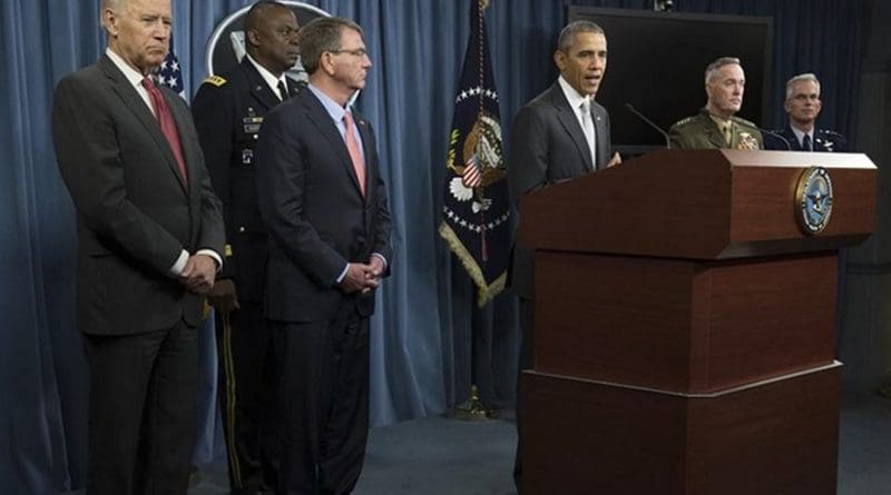 President Barack Obama speaks to reporters at the Pentagon, Dec. 14, 2015, after a meeting with the National Security Council about the fight against the Islamic State of Iraq and the Levant. DoD photo by Air Force Senior Master Sgt. Adrian Cadiz