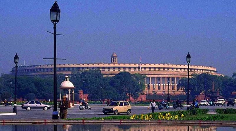 Parliament of India. Photo by Indianhillybilly and Ambuj.Saxena, Wikipedia Commons.