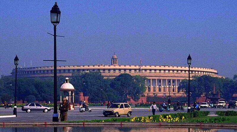 Parliament of India. Photo by Indianhillybilly and Ambuj.Saxena, Wikipedia Commons.