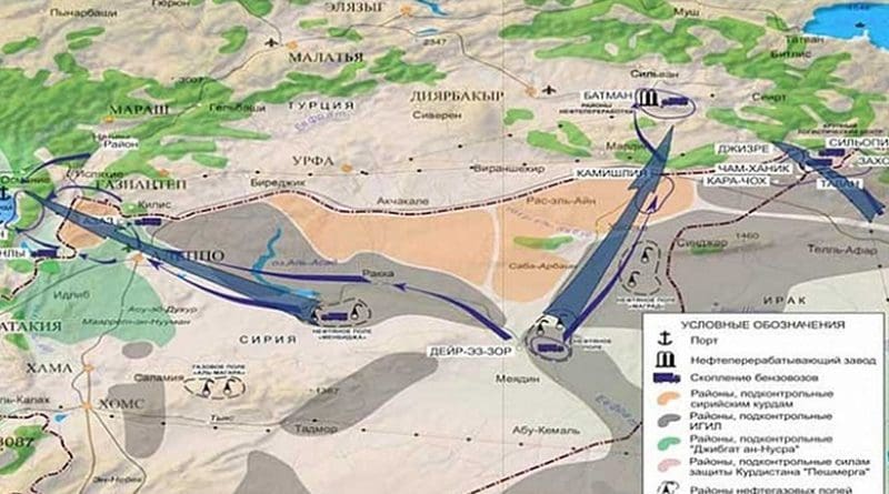 The routes of alleged oil smuggling from Syria and Iraq to Turkey. Graphic provided via Modern Diplomacy.
