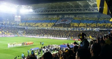Soccer fans supporting Turkey's Fenerbahçe S.K. Photo by Kızıl Şaman, Wikipedia Commons.