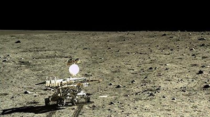 he Chinese lunar rover, Yutu, photographed by its lander Chang'e-3, after the lander touched down in Mare Imbrium, a giant impact basin that had been filled by successive lava flows. Credit: CNSA/CLEP