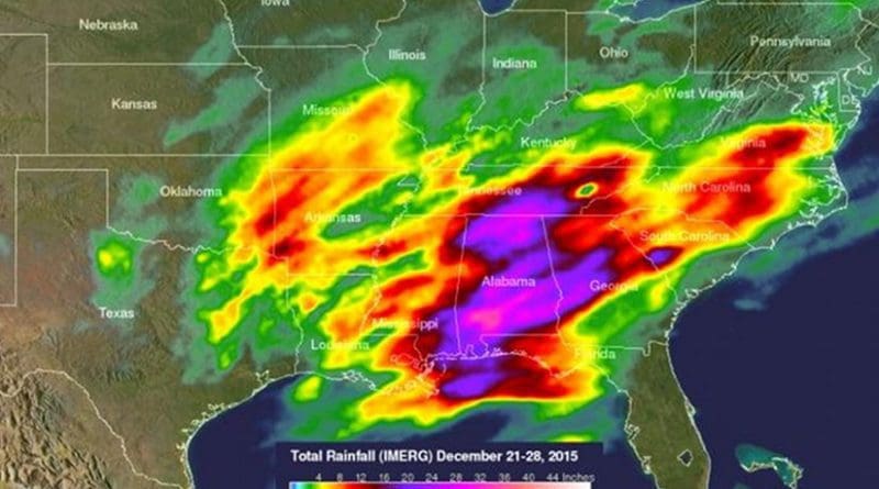 A NASA rainfall analysis from Dec. 23, 2015 to Dec. 27, 2015 showed highest rainfall totals of almost 938 mm (36.8 inches) were measured by IMERG in the state of Alabama. Credits: NASA/JAXA/SSAI, Hal Pierce