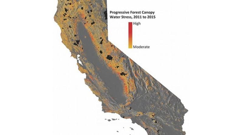 This image shows progressive water stress on California's forests. Credit: Courtesy of Greg Asner.