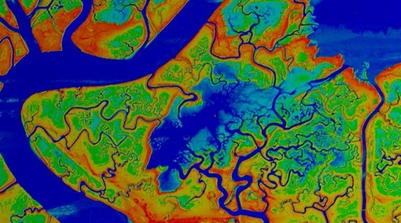 An aerial image with false colors shows marsh elevations in the Venice Lagoon. Credit: Marco Marani, Duke University