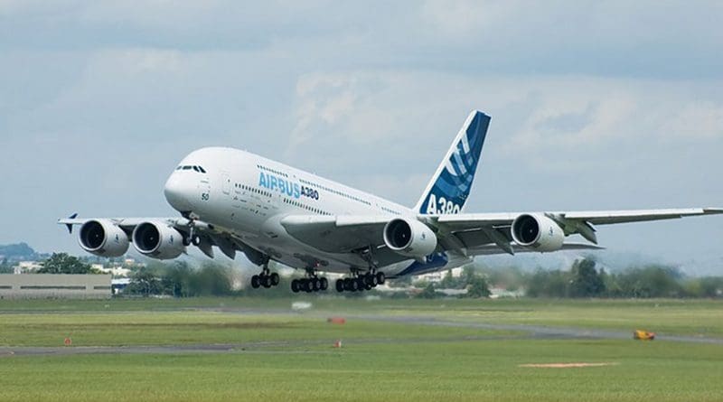 Airbus A380, the largest passenger jet in the world. Photo by Dmitry A. Mottl, Wikipedia Commons.