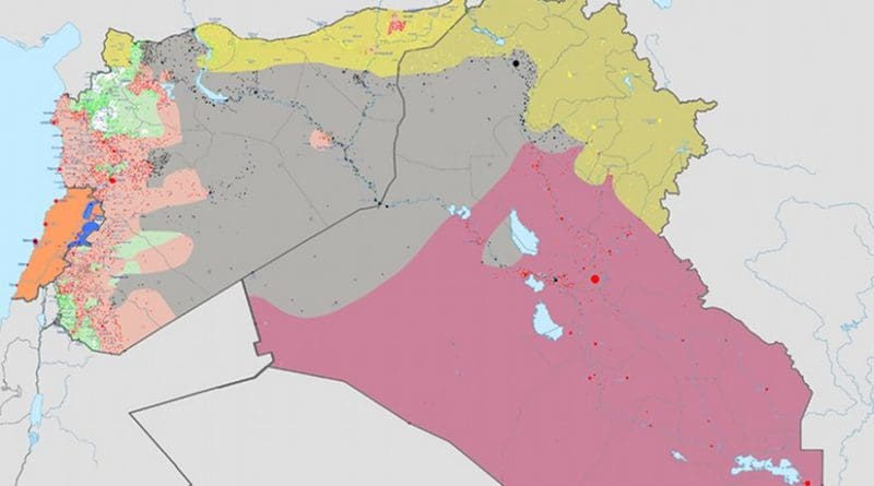 Area in gray controlled by Islamic State as of Jan. 1, 2016. Source: Wikipedia Commons.
