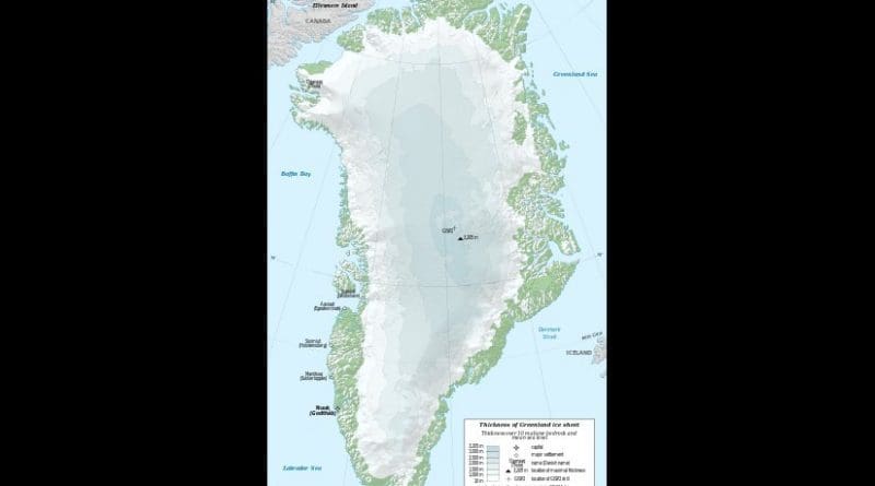 Map in English of Greenland ice sheet thickness. Graphic by Eric Gaba, Wikipedia Commons.