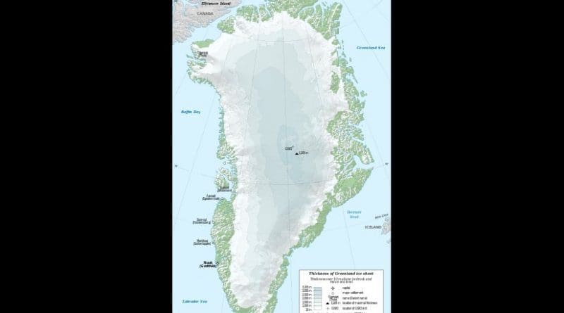 Map in English of Greenland ice sheet thickness. Graphic by Eric Gaba, Wikipedia Commons.