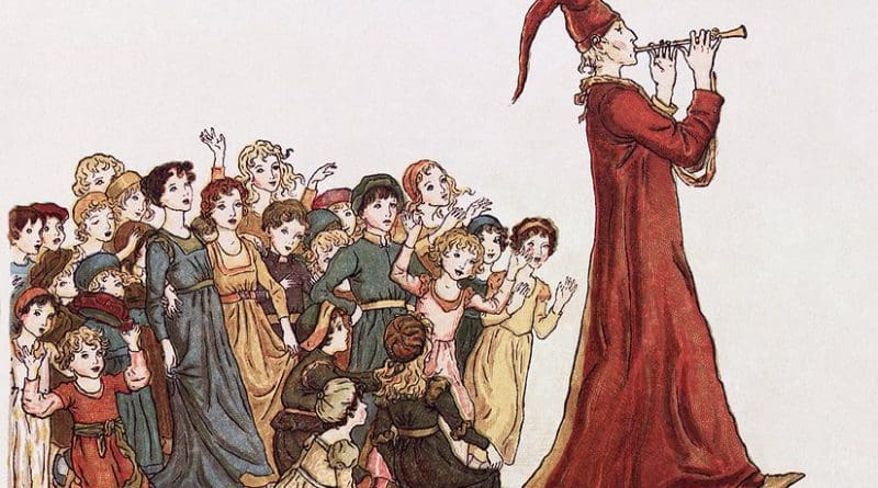 The Pied Piper leads the children out of Hamelin. Illustration by Kate Greenaway for Robert Browning's "The Pied Piper of Hamelin". Source: Wikipedia Commons.
