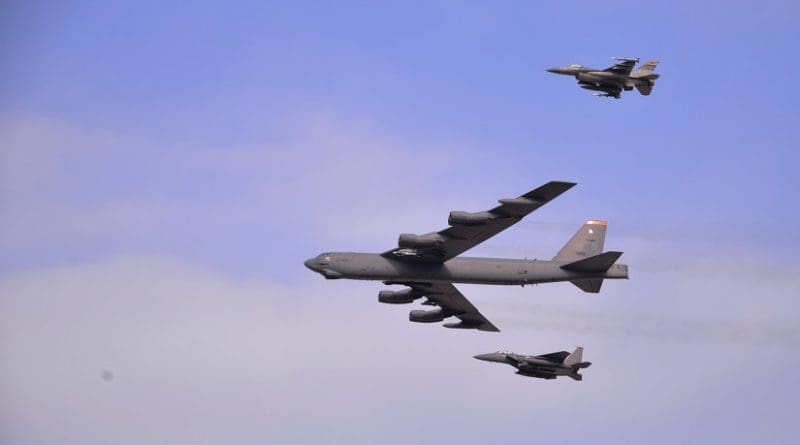 A U.S. Air Force B-52 Stratofortress from Andersen Air Force Base, Guam, conducted a low-level flight in the vicinity of Osan Air Base, South Korea, in response to recent provocative action by North Korea Jan. 10, 2016. The B-52 was joined by a South Korean F-15K Slam Eagle and a U.S. Air Force F-16 Fighting Falcon. The B-52 is a long-range, heavy bomber that can fly up to 50,000 feet and has the capability to carry 70,000 pounds of nuclear or precision guided conventional ordnance with worldwide precision navigation capability. (U.S. Air Force photo/Staff Sgt. Benjamin Sutton)