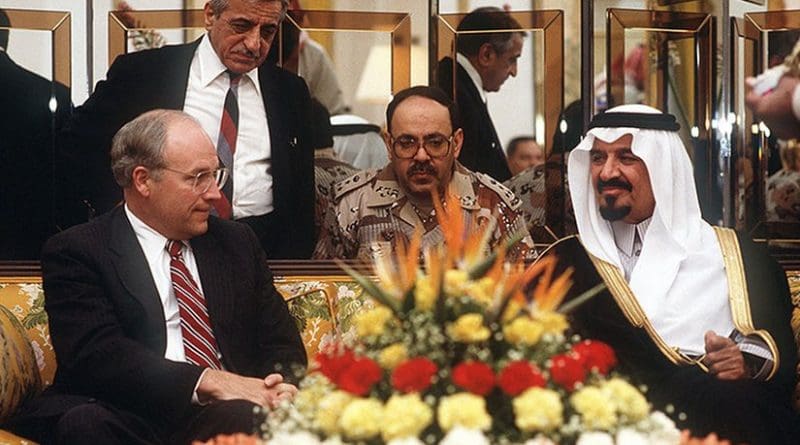 United States Vice-President Dick Cheney meets with Prince Sultan, Minister of Defence and Aviation in Saudi Arabia. US DoD photo by Master Sgt. Jose Lopez Jr., Wikipedia Commons.