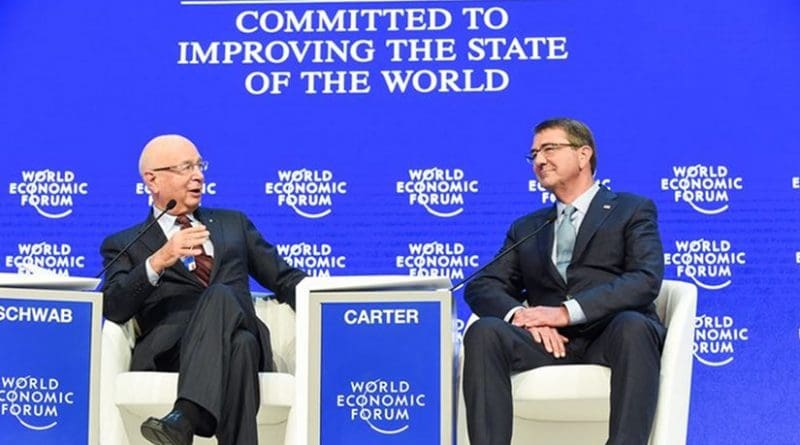 US Defense Secretary Ash Carter speaks with Klaus Schwab, founder and executive chairman of the World Economic Forum, during a special session of the forum's annual meeting in Davos, Switzerland, Jan. 22, 2016. DoD photo by Army Sgt. 1st Class Clydell Kinchen